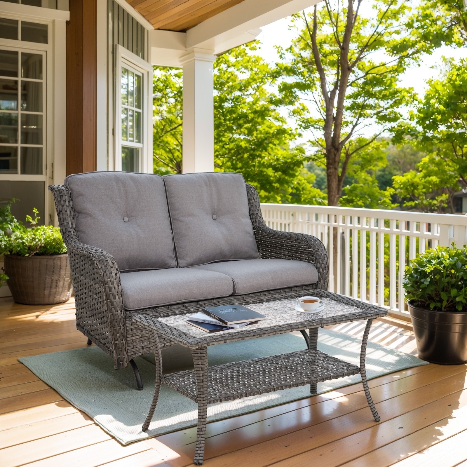 Outdoor Patio Loveseat with Table Grey Wicker - Grey cushion