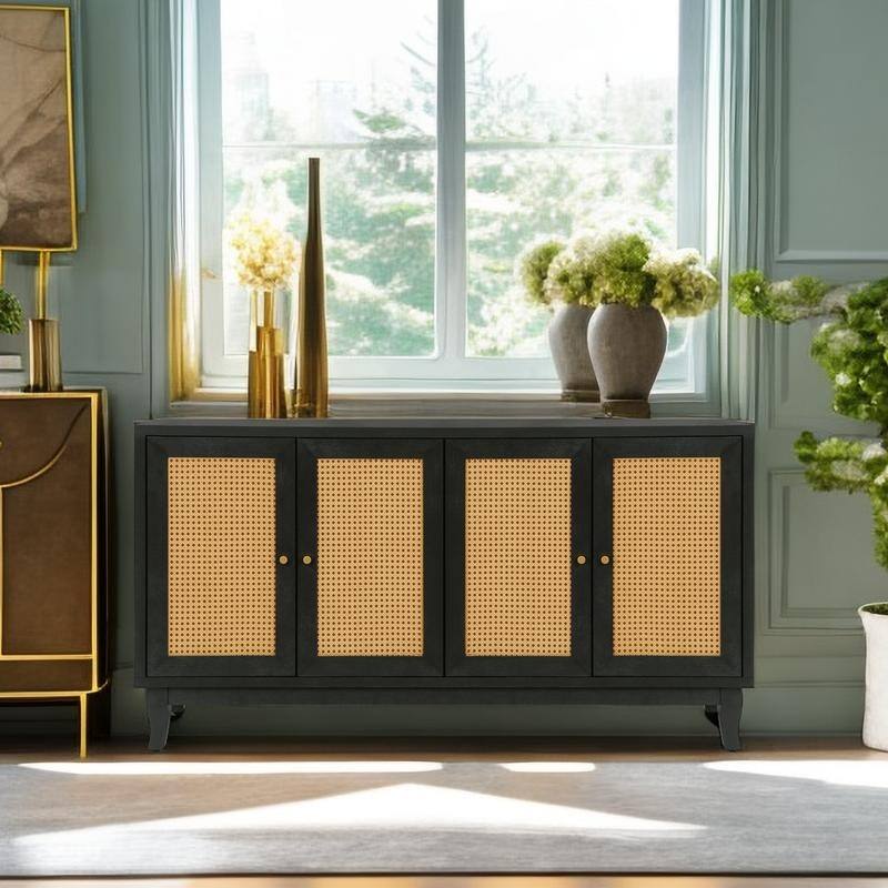 Accent Storage Cabinet, Boho Rattan Sideboard Buffet with 4 Adjustable Shelves, Console Table for Hallway, Living Room, Bedroom