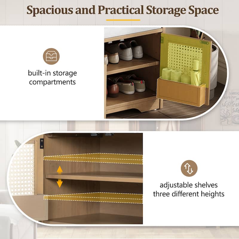 Rustic Storage Bench Multifunctional Wood Entryway Shoe Bench with Removable Cushion, Woven Rattan Doors & Adjustable Shelves