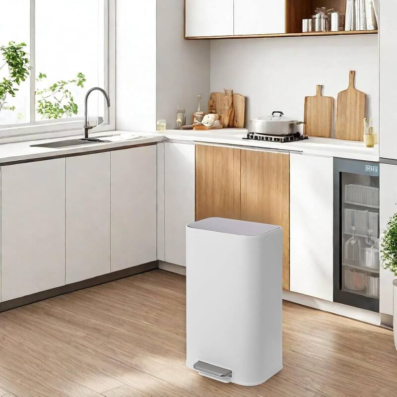 8 Gallon White Stainless Steel Step Trash Can Rectangular with Removable Inner Buck