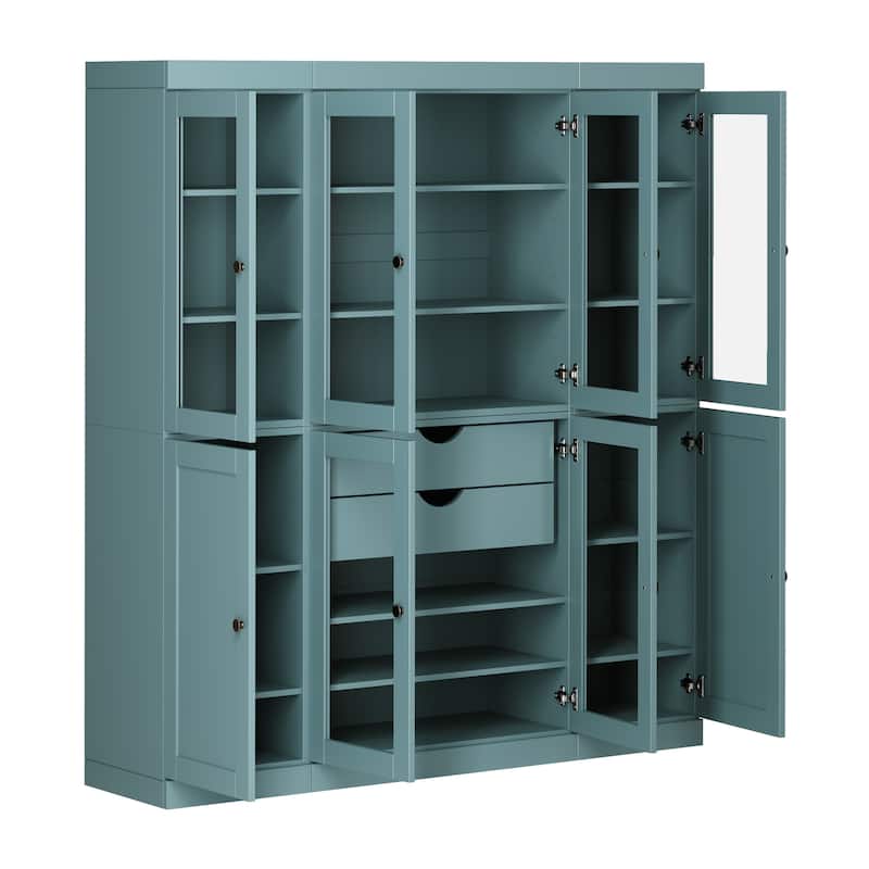 Palace Imports 100% Solid Wood 65" Pantry Cabinet with Clear Glass, Shaker Doors, 2-Drawers and Adjustable Shelves - Aqua Blue