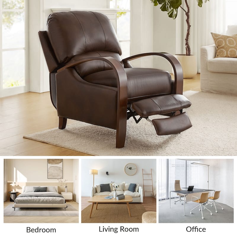 Alex Mid-century Modern Cigar Genuine Leather Manual Recliner with Wooden Curved Arms