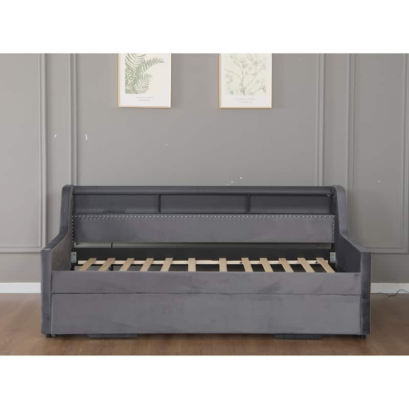 Twin Size Daybed with Trundle, Upholstery Daybed with LED Light ＆ Charging Station, Velvet Day Bed with Wood and Metal Frame