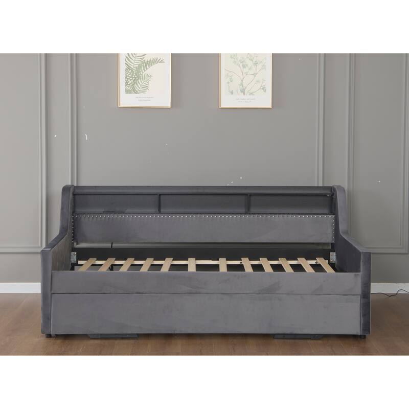 Twin Upholstered Daybed with Trundle, Velvet Day Bed with LED Lights & Charging Station