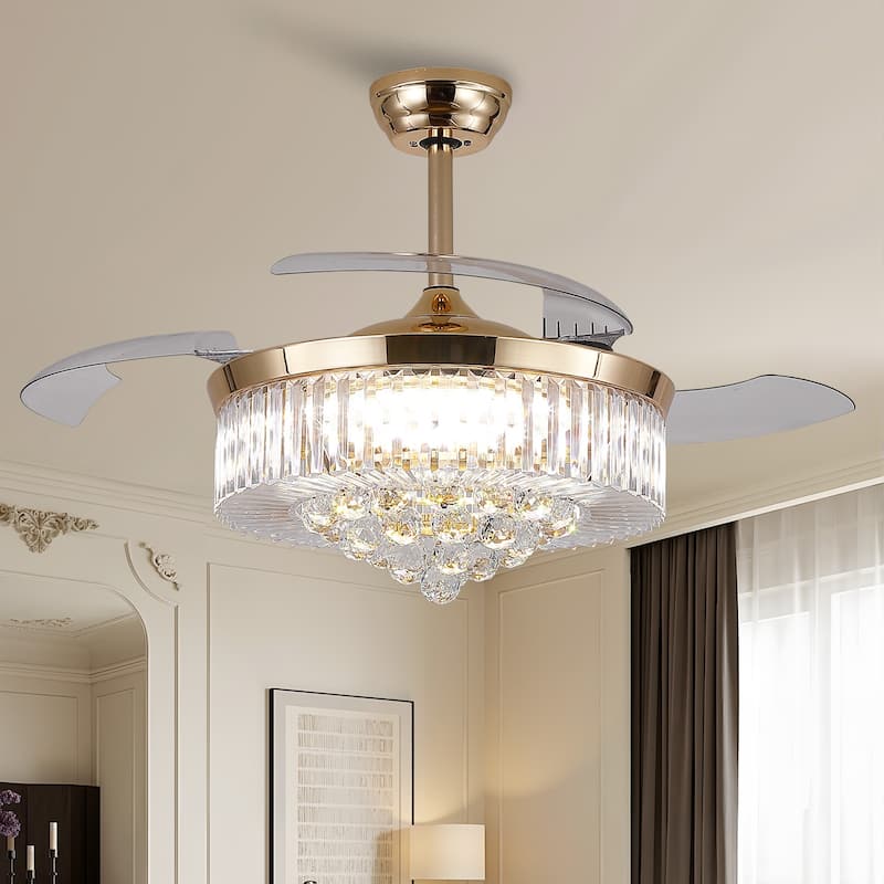 Kviflon 48'' Retractable Ceiling Fan with Lights and Remote 6 Speed, 3 Light Change Retractable Blade Chandelier Ceiling Fan - Gold