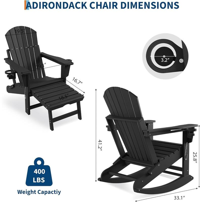 Folding Rocking Adirondack Chair with Retractable Ottoman and Cup Holder