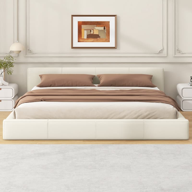 Christopher Knight Home - Faux Leather Upholstered Modern Platform Bed with Sturdy Wood Frame, No Box Spring Needed - Beige - King