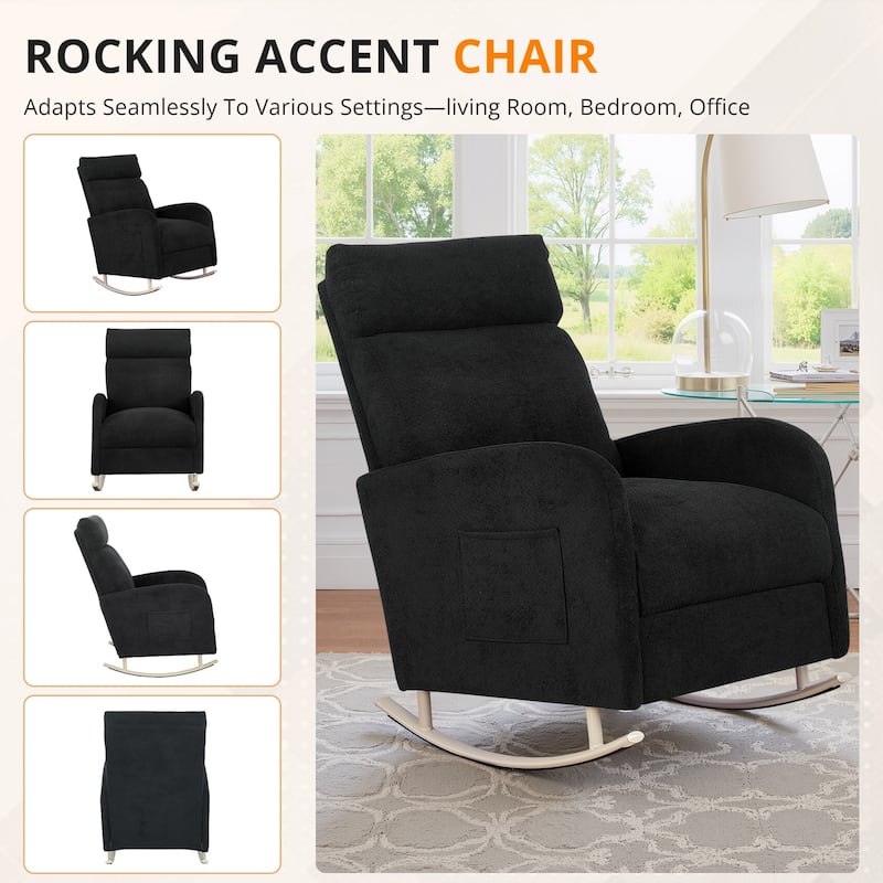 Chenille Nursery Armchair Rocking Chair Set of 1 with Metal Legs with Side Pocket for Living Room