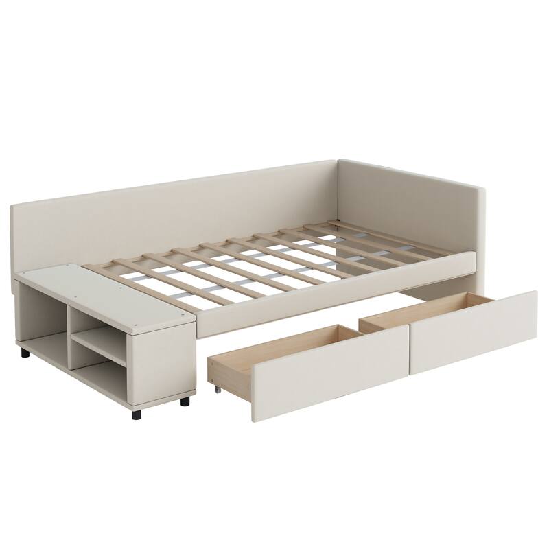L-Shaped Twin Size Upholstered Platform Bed with Storage Drawers, Beige