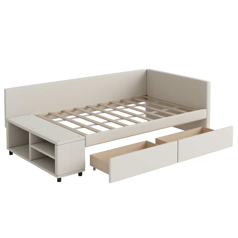 Twin L-Shaped Velvet Upholstered Platform Bed with Storage Cabinet and Drawers, Space-Saving Design