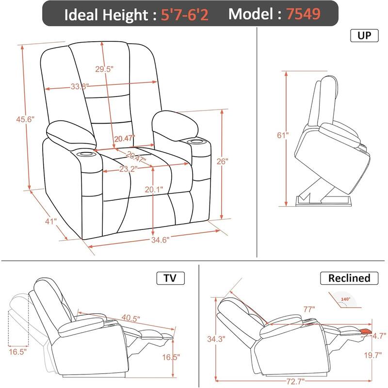 MCombo Large Electric Power Lift Recliner Chair with Massage and Heat for Elderly, Fabric 7549