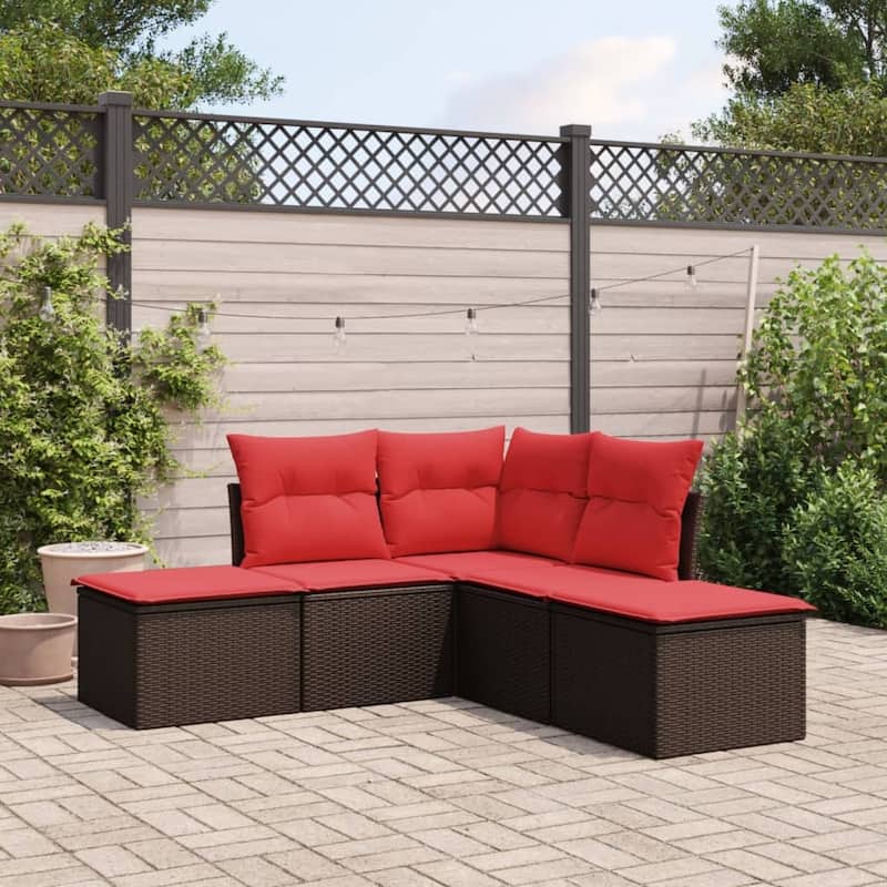 vidaXL Patio Sofa Set with Cushions Outdoor Furniture 6 Piece Poly Rattan - 21.7 x 24.4 x 27.2 - Brown and red Without table