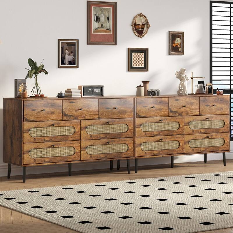 Mixoy Dresser with 7 Drawers,Chest Storage Organizer Units,Modern Wooden Dresser Chest with Rattan Decoration