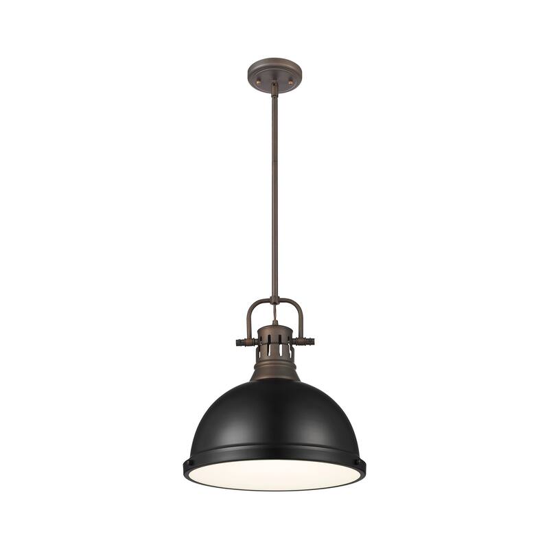 Yep by Golden Lighting Duncan 1-light 14in Rod Hung Pendant in Rubbed Bronze and Matte Black shade