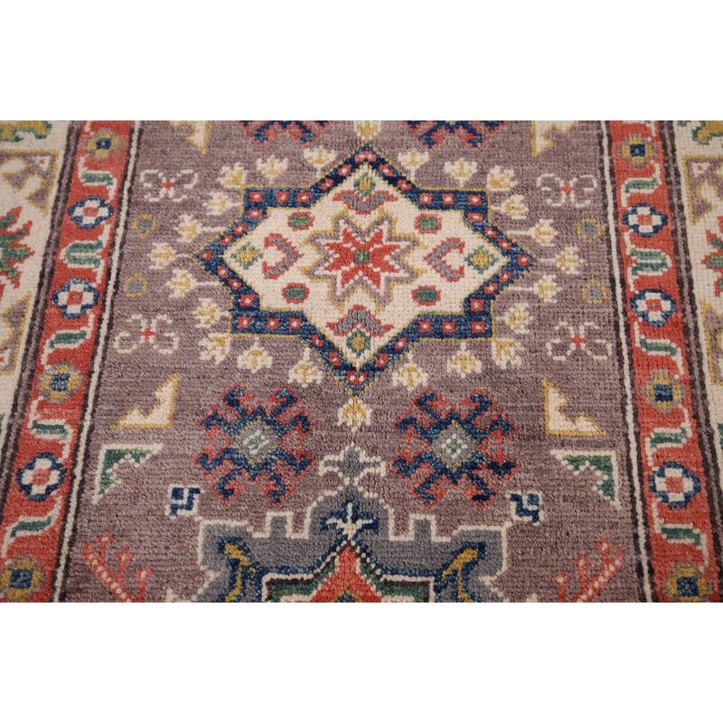 Geometric Brown Kazak Foyer Rug Hand-Knotted Wool Carpet - 2'9" x 4'1"