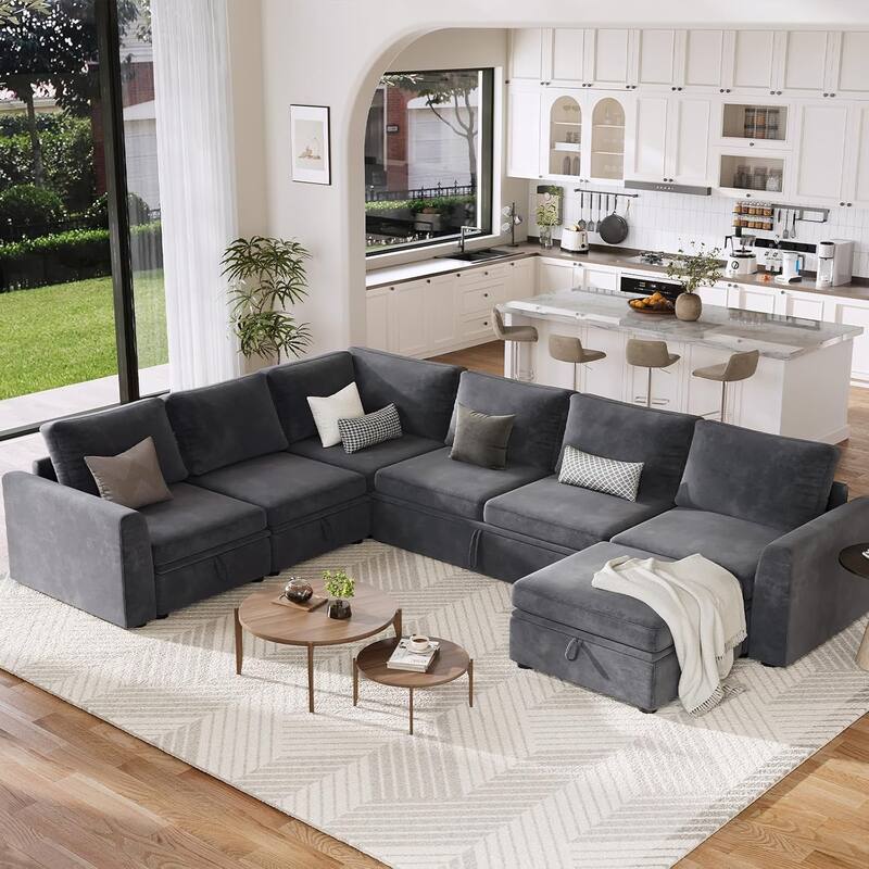 U Shaped Sectional Sleeper Sofa with Pull Out Bed, Chenille Modular Sectional Sofa