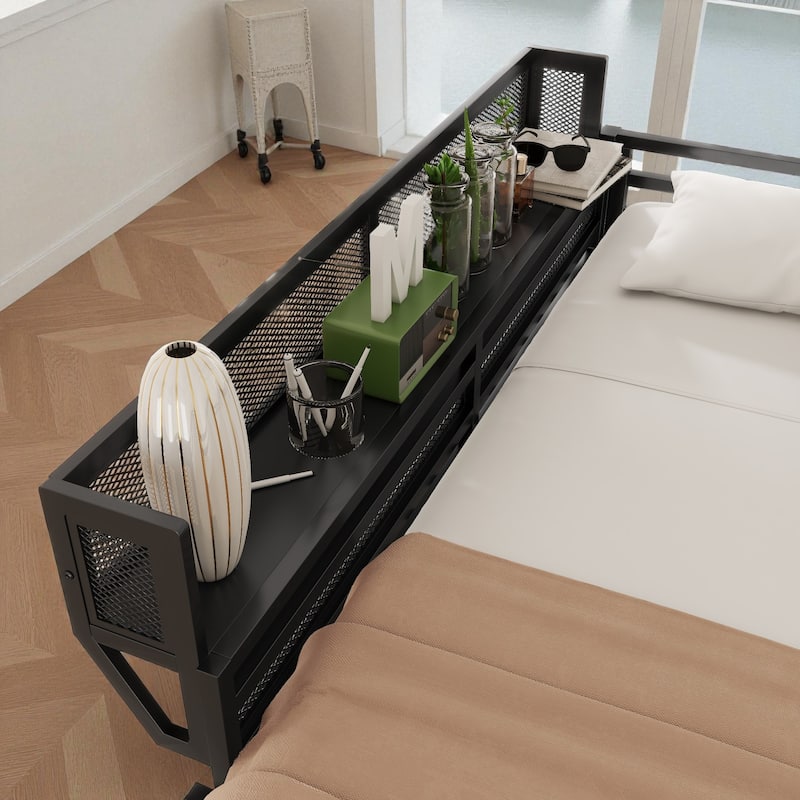 Full/Queen Size Metal Loft Bed with Storage Shelves, Guardrails, and Ladder, Space-Saving High Loft Bed for Kids and Teens