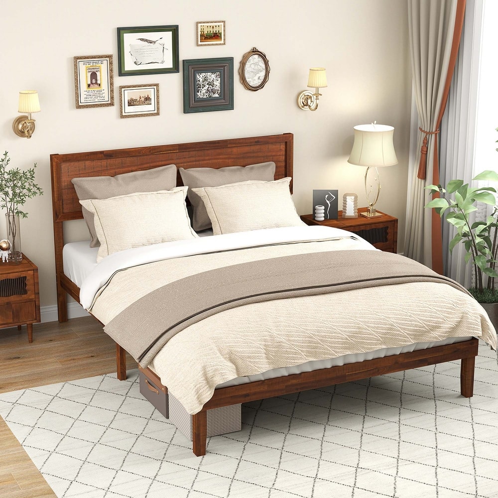 Gymax Twin/Full/Queen Bed Frame w/ Rustic Headboard Under-bed Storage