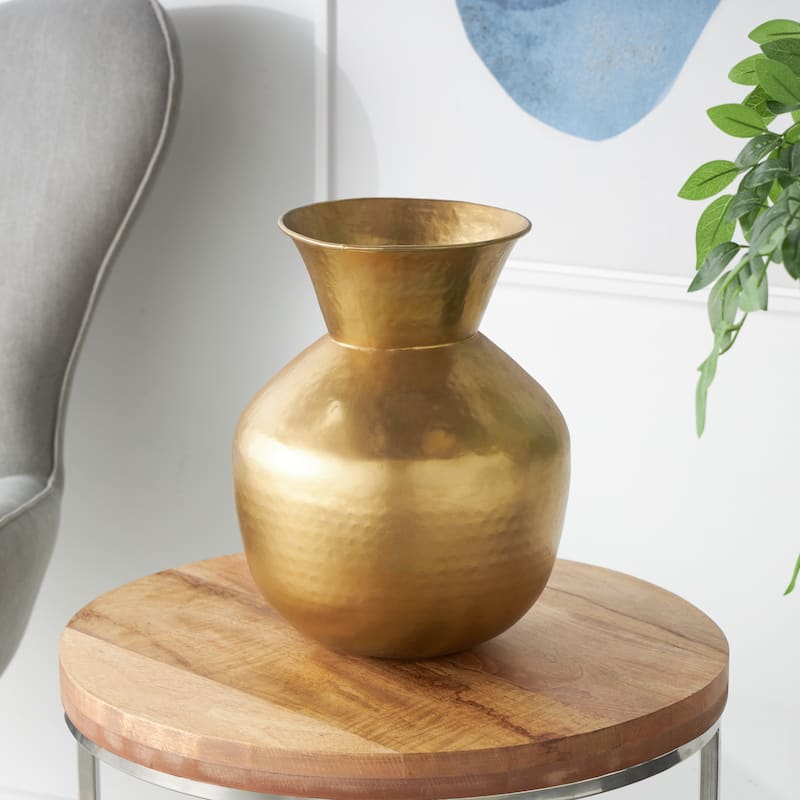 Gold Metal Hammered Spotted Decorative Vase with Fluted Top - Gold
