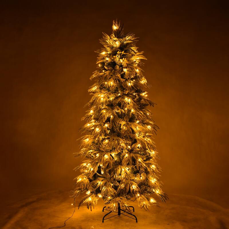 7ft Slim Flocked Christmas Tree Pre-lit w/767 Premium PE&PVC Tips, 250Warm White LED Lights, Skinny Noble Artificial Tree