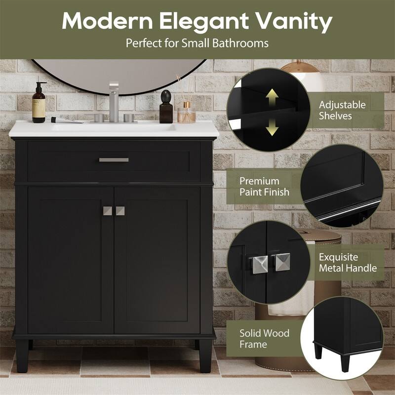 30'' Bathroom Vanity with Ceramic Sink Top, Freestanding Bathroom Vanity Cabinet with 2 Soft Close Doors and Adjustable Shelves