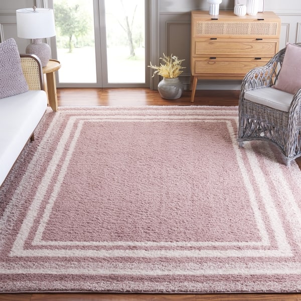 slide 2 of 98, SAFAVIEH Border & Stripe Shag Eirny Modern 1.4-inch Thick Rug 6'7" Square - Pink/Ivory - Square