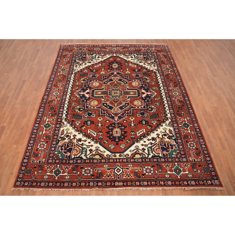 Hand Knotted Oriental 100% Wool Carpet Traditional Medallion Oranges & Rust Heriz (serapi) Area Rug - 9' 10'' X 7' 11''