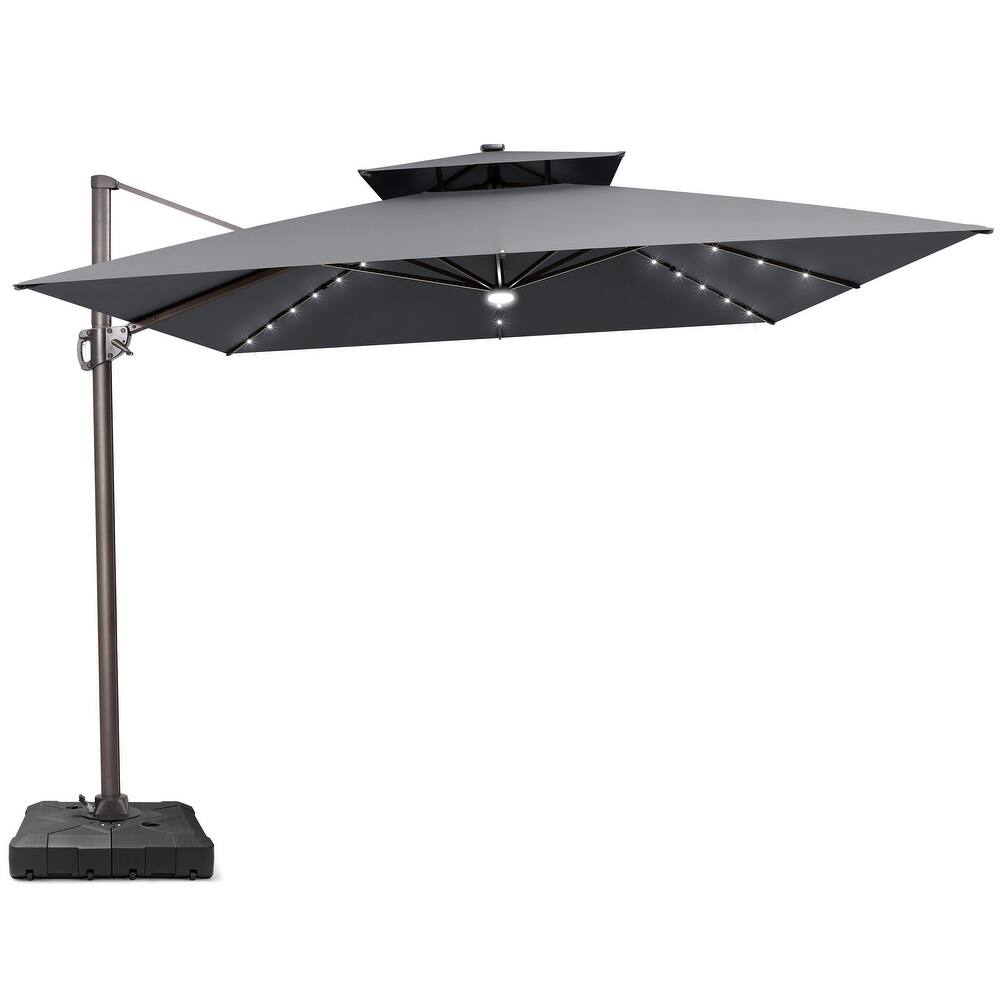 11 ft Solar Powered LED Aluminum Patio Cantilever Umbrella 360-degree Rotation with Weights Base