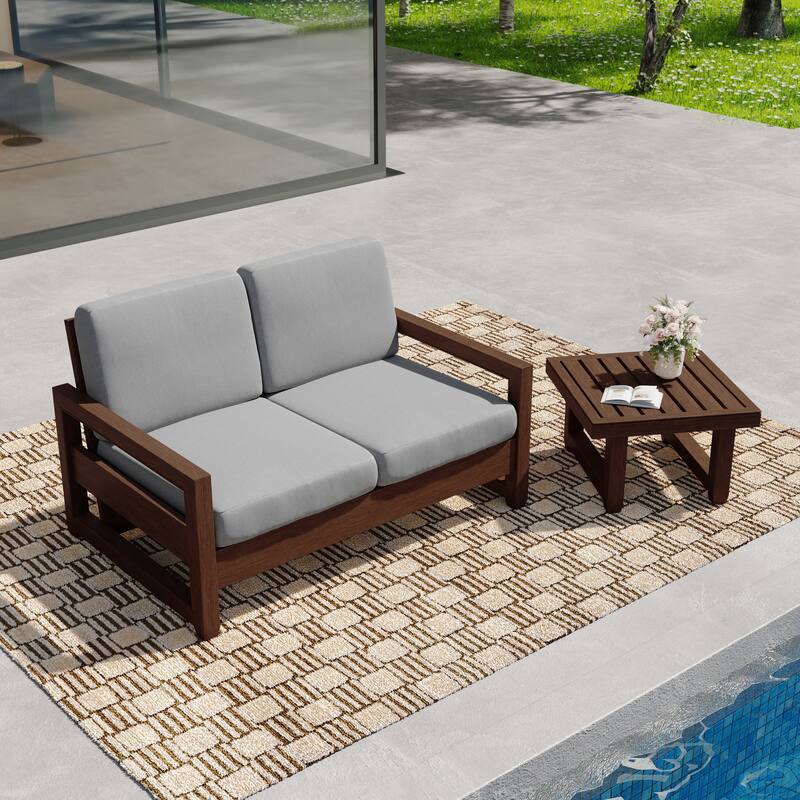Teak Wood Cushioned Outdoor Patio Loveseat Set with Side Table