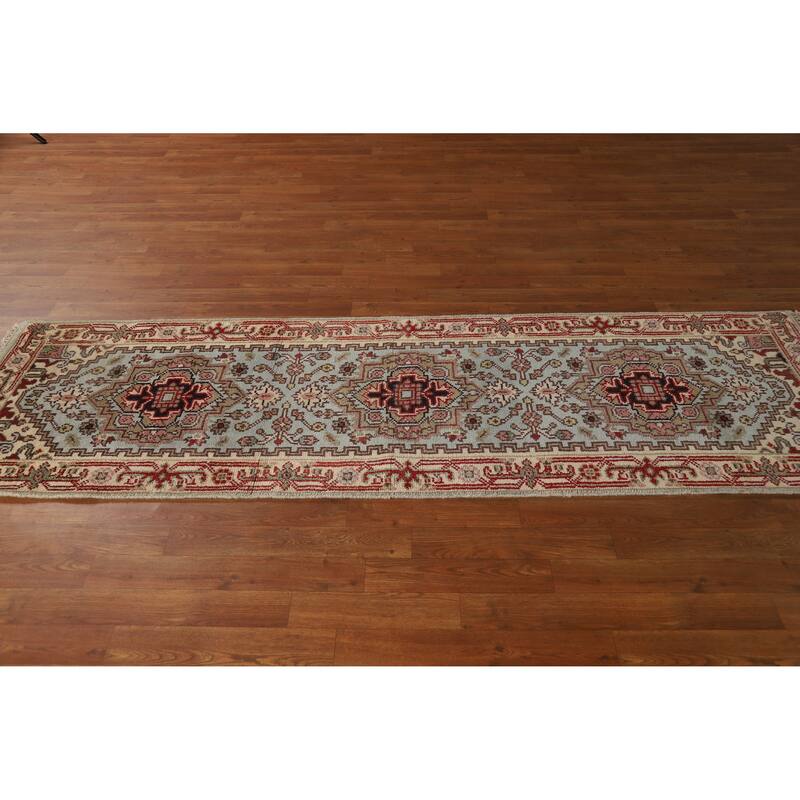 Hand Knotted Oriental 100% Wool Carpet Traditional Geometric Navy Blue & Blues Heriz (serapi) Runner Rug - 8' 1'' X 2' 5''
