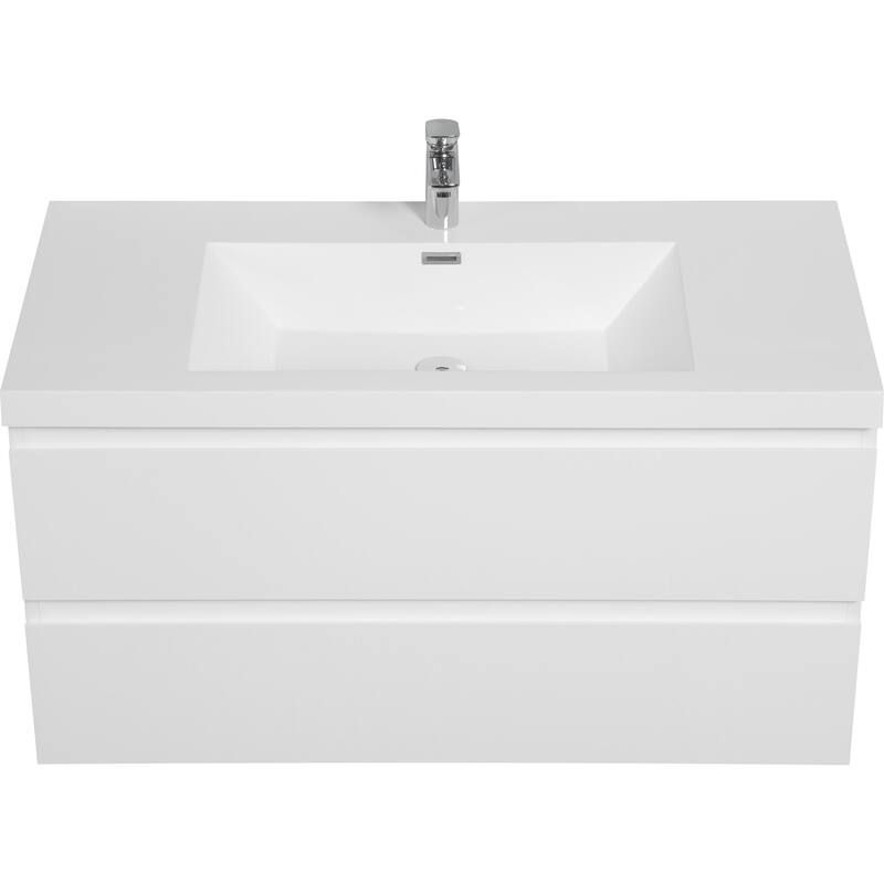 35.5-Inch Floating Bathroom Vanity with Glossy Resin Sink, Ash Grey Color, Wall-Mounted Design, 2 Drawers