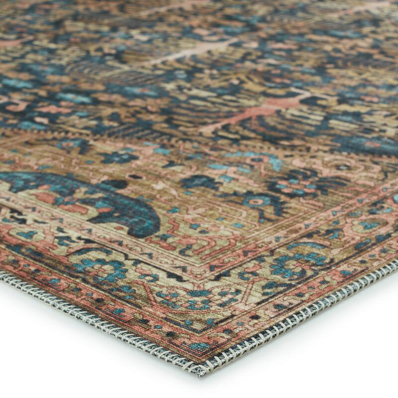 Jayven Machine Washable Medallion Blue/ Tan Area Rug