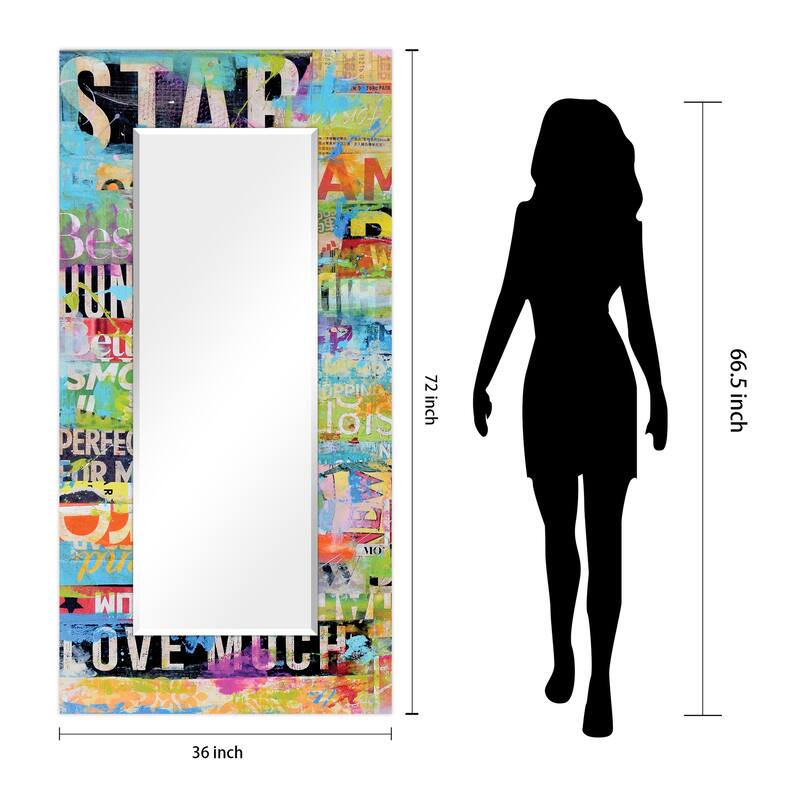 "Metro Mix"Abstract Rectangular Beveled Wall Mirror on Free Floating Printed Tempered Glass - Multi - 72 x 36