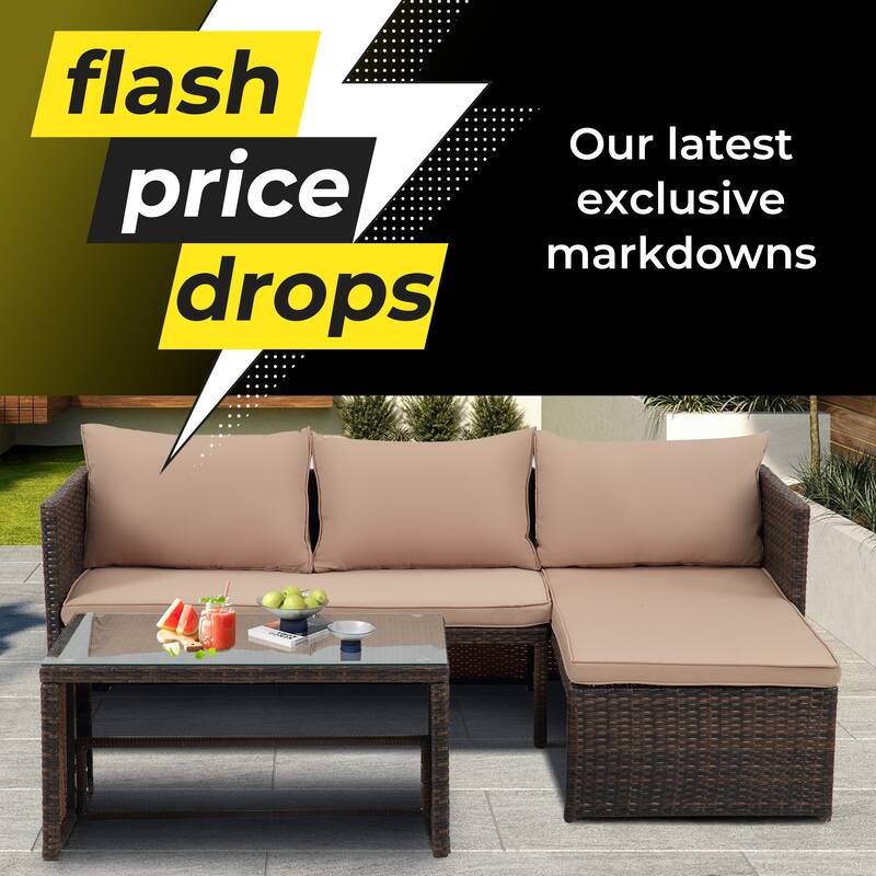 3-Piece Outdoor PE Rattan Furniture Set Patio Wicker Conversation Loveseat Sofa Sectional Couch Cushion