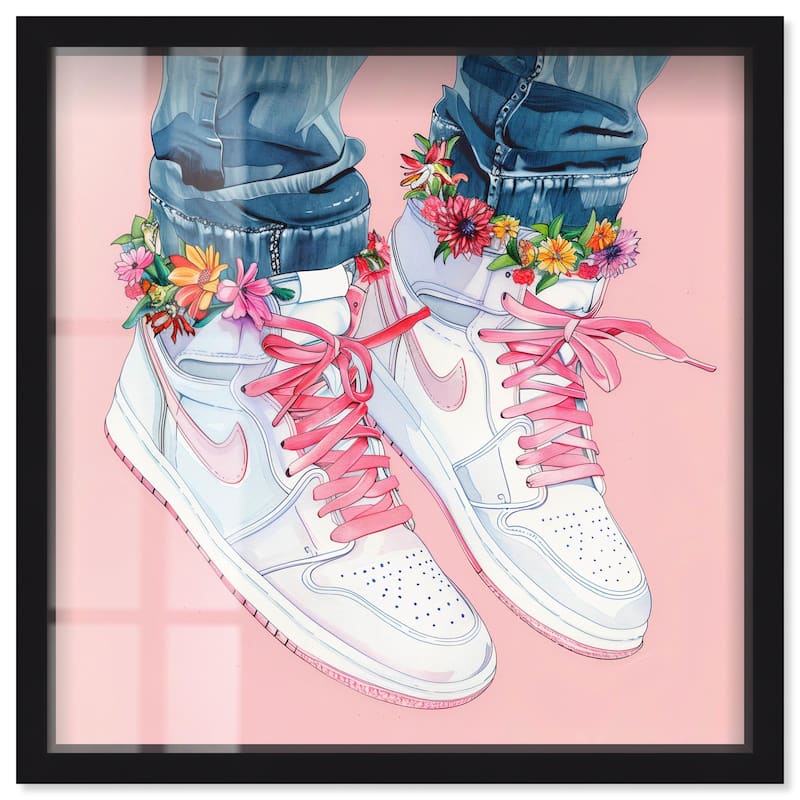 Blush Floral Bloom Sneakers Shadowbox by Art Remedy - Black - 30" x 30"