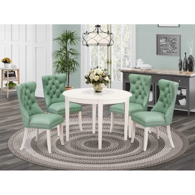 5-Piece Linen White Solid Wood Top - Round Upholstered Dining Room Set - Seats 4