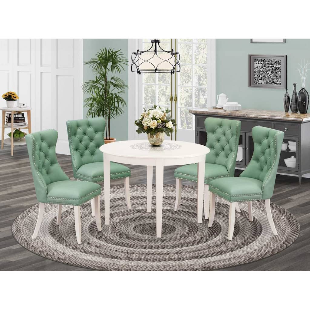 5-Piece Linen White Solid Wood Top - Round Upholstered Dining Room Set - Seats 4