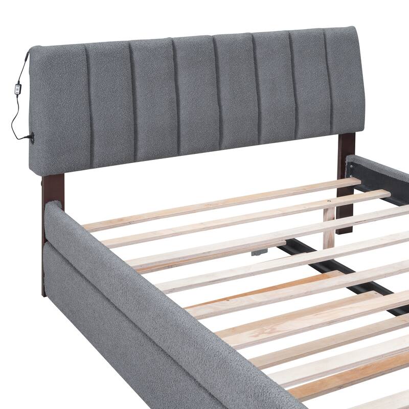 Full Size Upholstered Platform Bed w/Trundle & LED Headboard