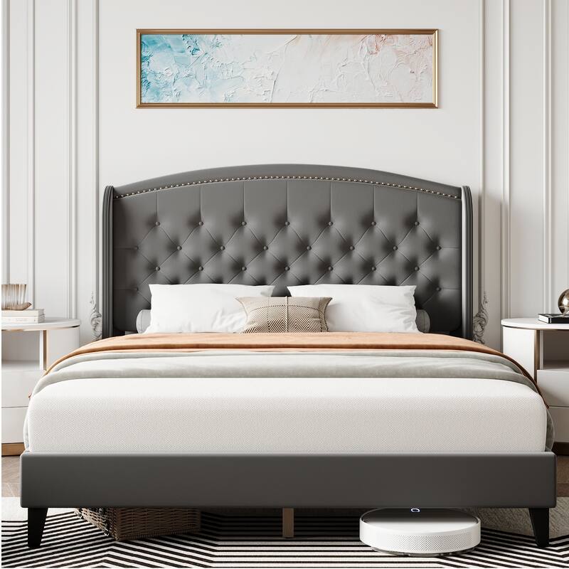 Platform Bed Frame Full with Upholstered Wingback Headboard - Grey - King