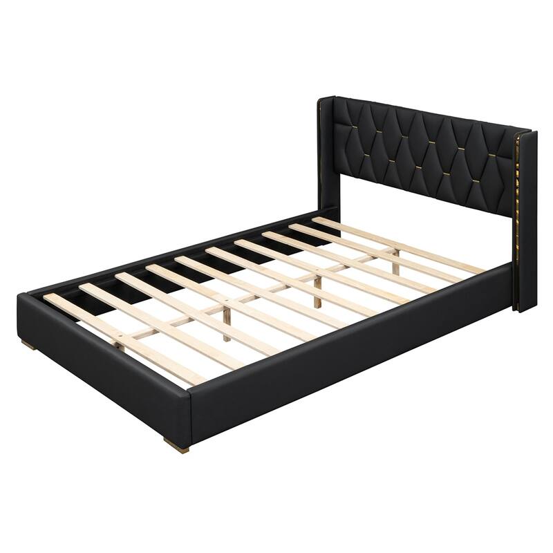 Full Size Upholstered Platform Bed with Metal Strips,Black/Off-white