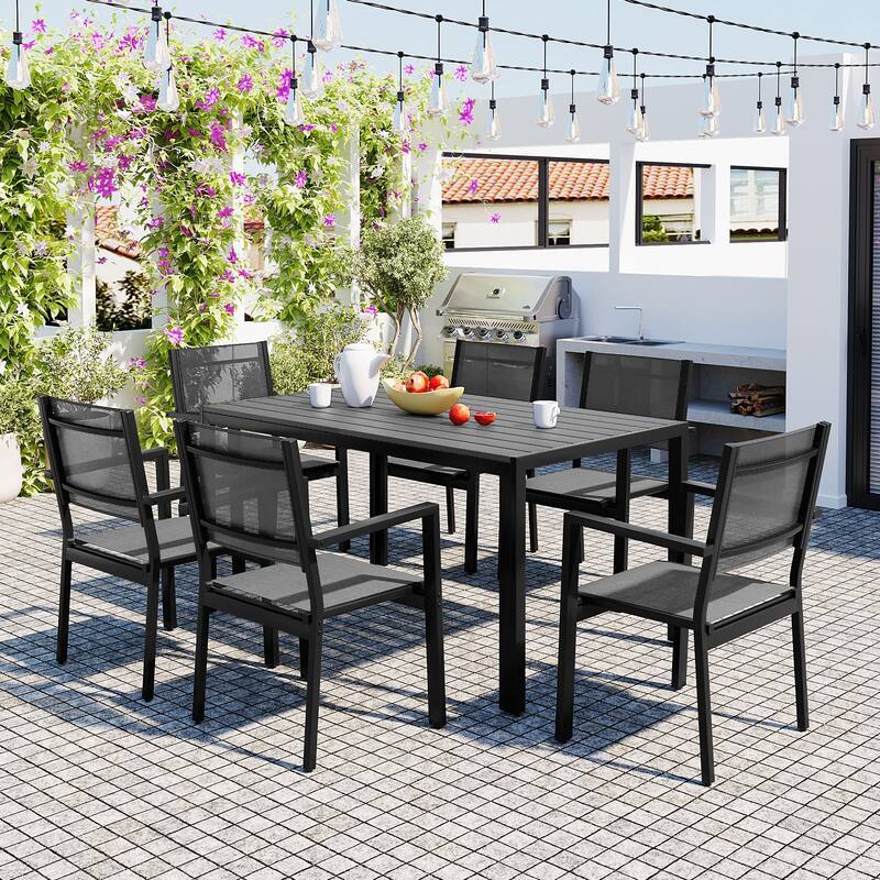 7 Pcs Outdoor Steel Dining Table and Chair Set, All Weather Patio Furniture Set with Rectangular Table and 6 Dining Chair - Gray