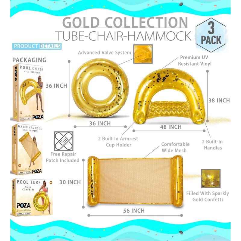 POZA Gold Inflatable Pool Floats Seating Bundle with Confetti - 3 Pack - ‎56 x 30 x 5 inches