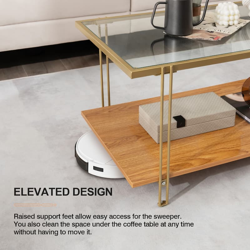 2 Tier Rectangle Glass Coffee Table Modern Cocktail Accent Table - 39.5'' x 18'' x 20'' (L x W x H)