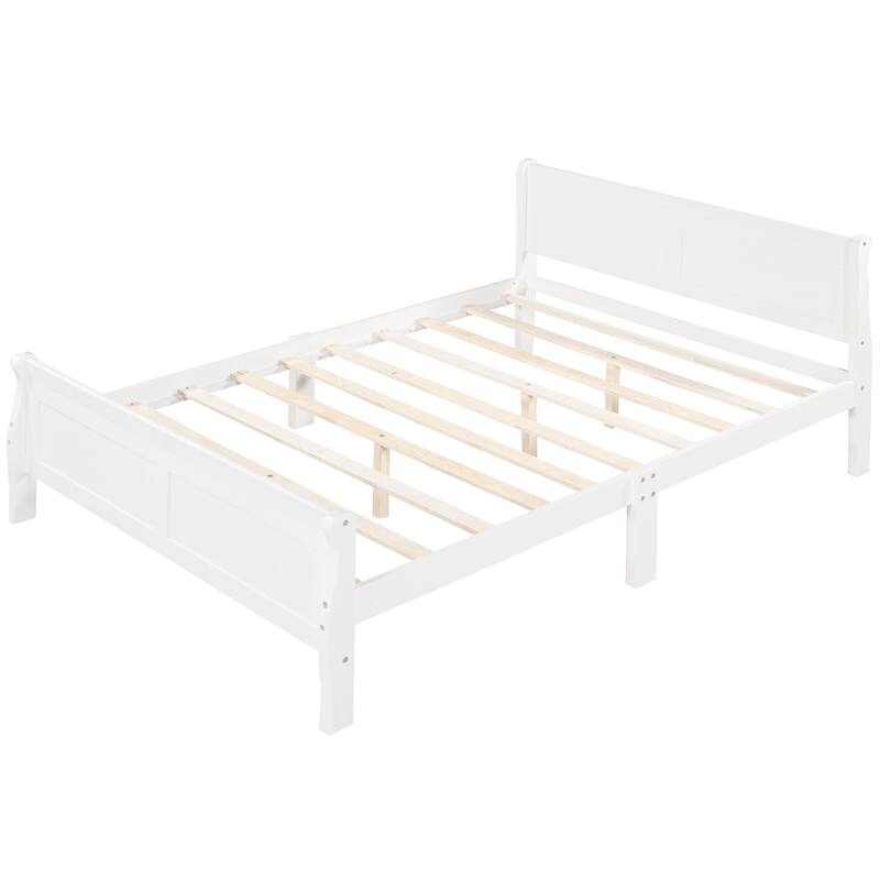 White Queen Size Wood Platform Bed with Headboard and Slat Support