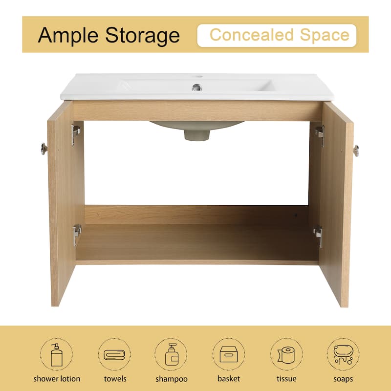 Malwee 24"/30" Floating Bathroom Vanity,Wall Mounted Bathroom Vanity with Ceramic Sink and Soft Close Door