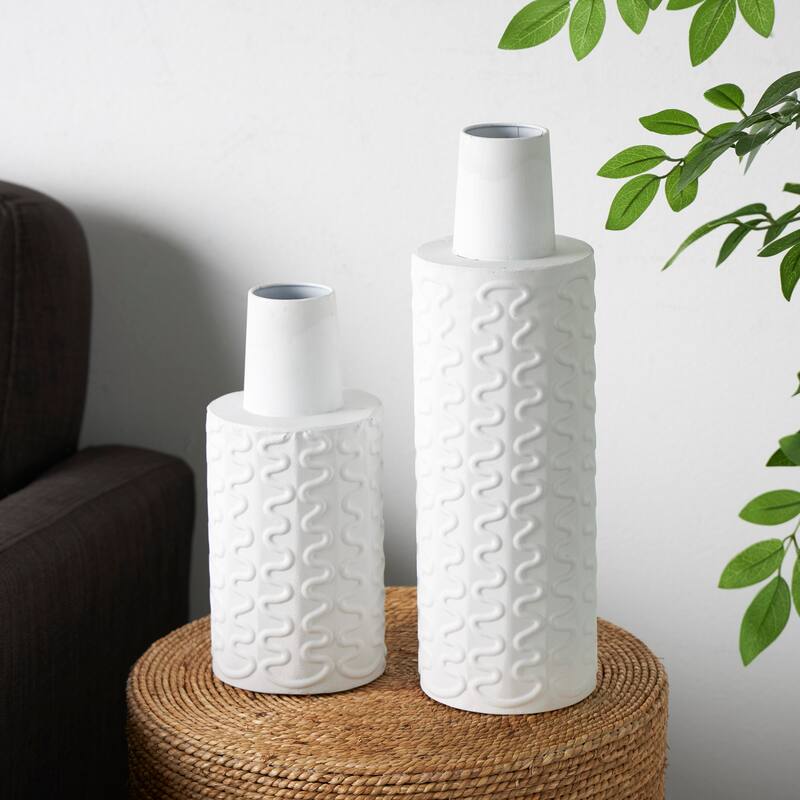 White Metal Wavy Textured Abstract Decorative Vase (Set of 2) - White