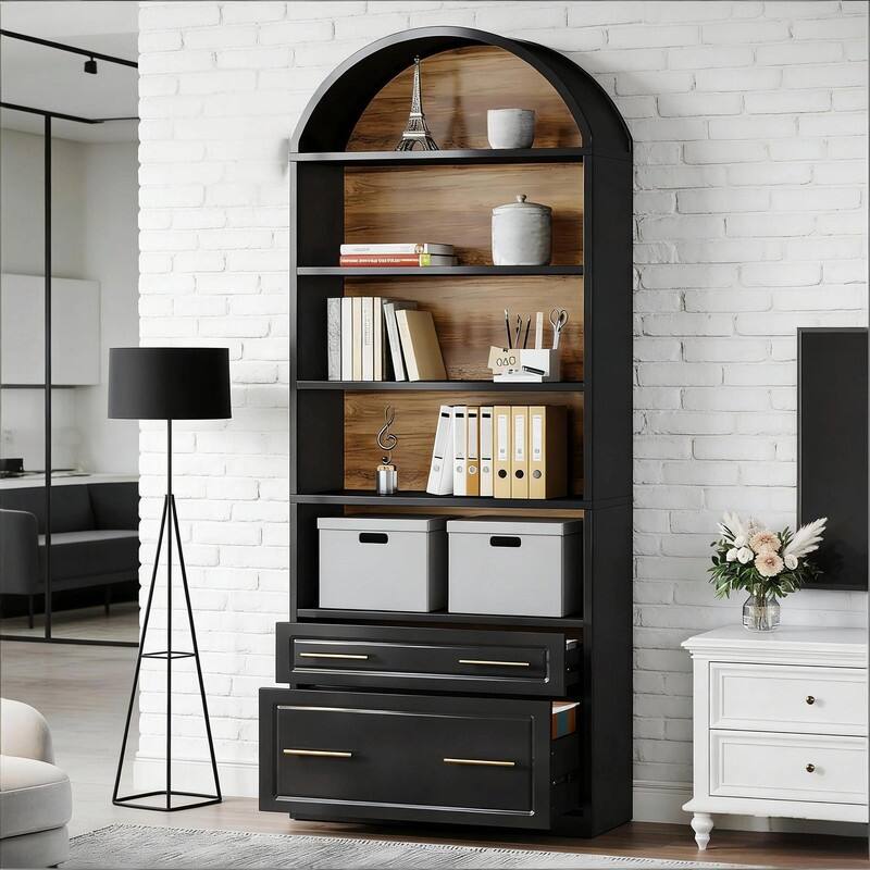 5-Tier Arched Bookshelf with Drawer & File Cabinet, Wood Storage Bookcase for Living Room or Home Office - Black