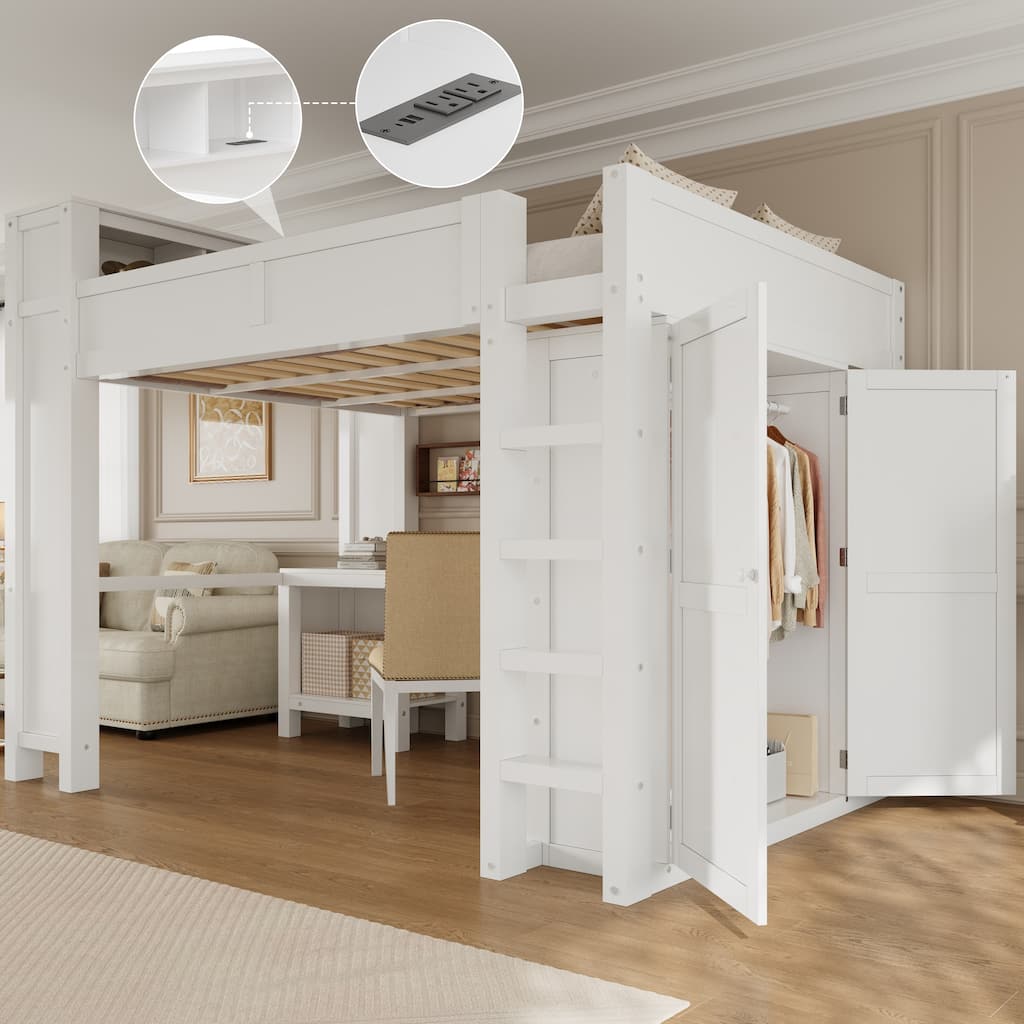 Modern Queen Loft Bed with Built-In Desk, Wardrobe, Headboard Storage & USB Hub by Harper&Bright Designs