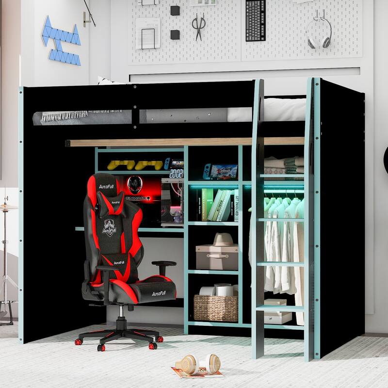 All-in-one Full Size Wood Loft Bed for Gaming & Workspace with Desk, Open Wardrobe, Storage Compartments and RGB Light Strip