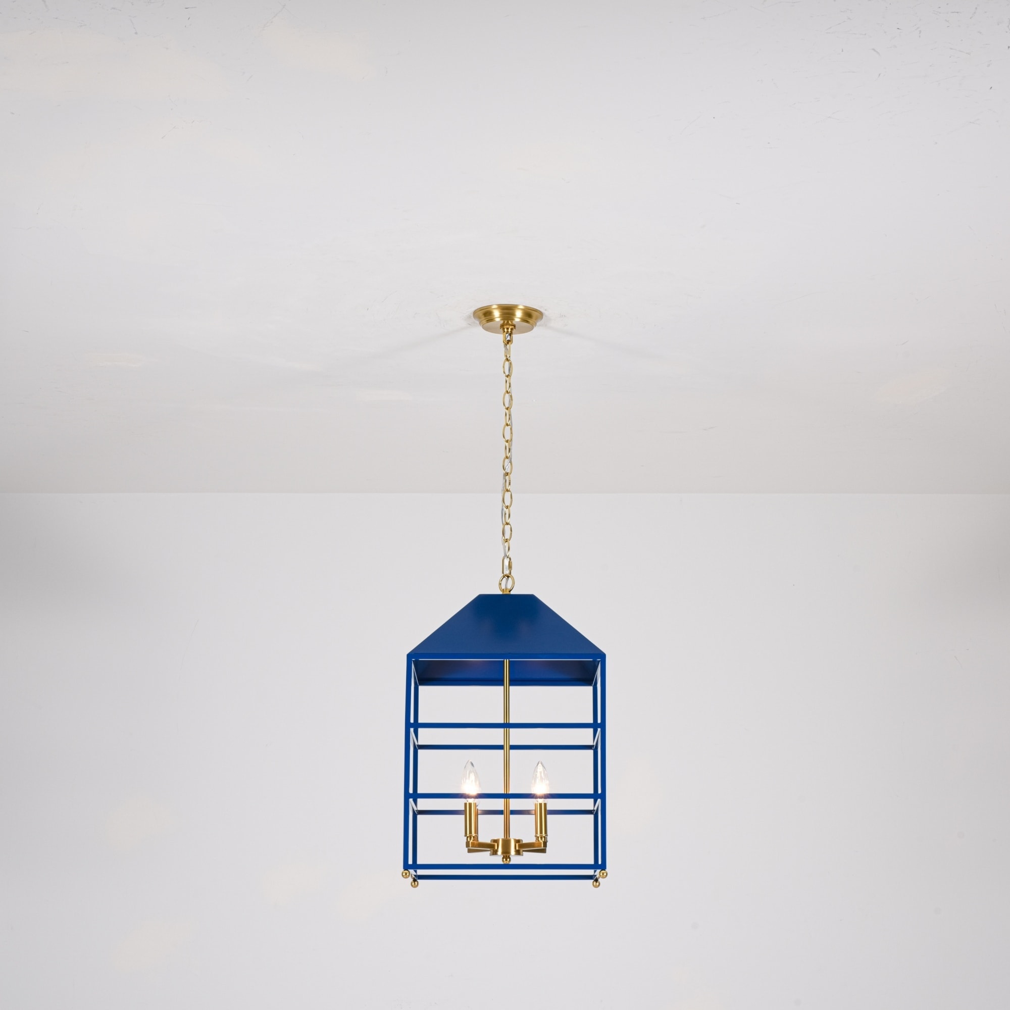 4-Light Traditional Cage Lantern Chandelier Blue and Antique Brass Candle Style Hanging Light - 14 in. W x 23.2 in. H x 14 in. D
